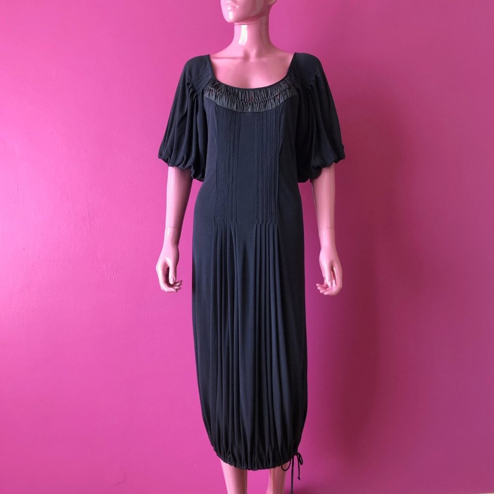 Max Azria 00s S Midi Dress Navy Blue Jersey Pin Tuck Woven Ribbon Drawstring Hem